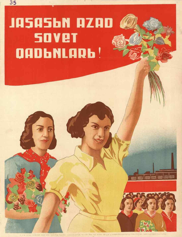 Sowjetisches Propagandaplakat zum Internationalen Frauentag, das eine Frau mit Blumen zeigt, umgeben von einer Menge und einem Gebäude, mit der Aufschrift "Frauentag".