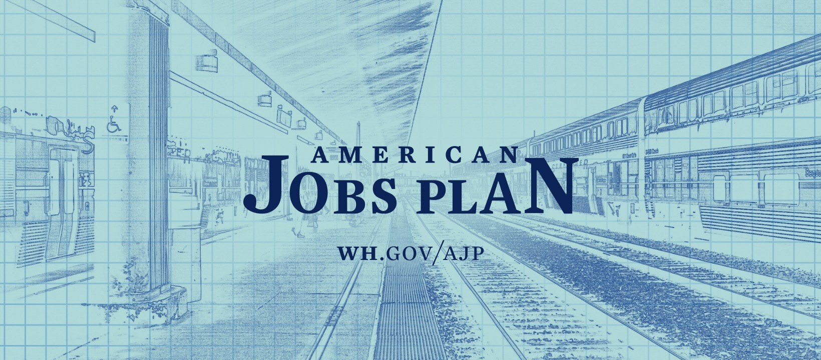Blaupause einer Bahnhofstation mit der Aufschrift "American Jobs Plan" und einem Zug auf der rechten Seite.