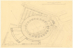 Schwarz-weißer Architekturplan eines Stadiongeländes mit umliegenden Gebäuden und handschriftlichen Textanmerkungen.