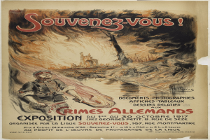 Ausstellungsplakat mit dem Titel "Souvenez-vous Crimes Allemands" mit einer zentralen Figur mit einem menschlichen Gesicht und begleitendem Text.