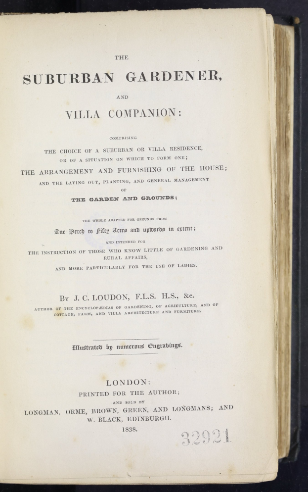 Offenes Buch mit dem Titel "Der stadtische Gärtner, und Villa Begleiter" auf dem Cover, wahrscheinlich ein historisches Gärtnerhandbuch.