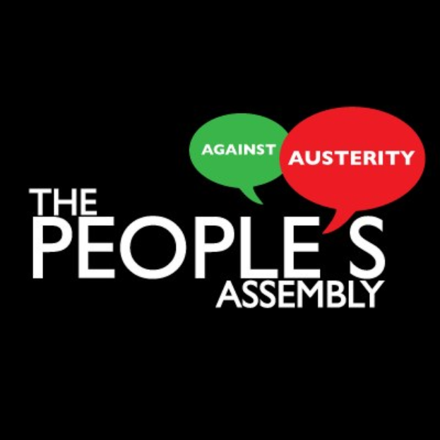 Plakat mit fettem, schwarzem Text "The People's Assembly Against Austerity" in der Mitte auf einem weißen Hintergrund, umrahmt von einem schwarzen Rand.