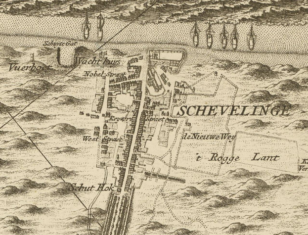 Ein detaillierter alter Stadtplan von Scheveling, Niederlande, der Straßen, Gebäude und Sehenswürdigkeiten mit Textanmerkungen zeigt.