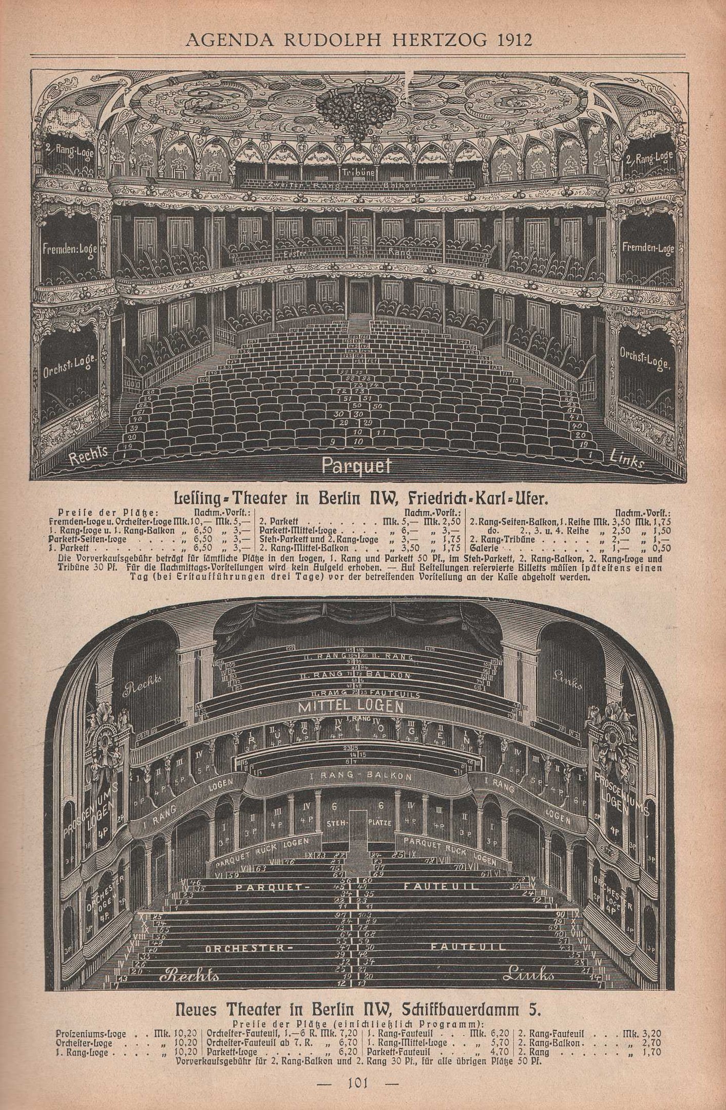 Schwarz-weiß-Illustration eines großen Berliner Auditoriums aus dem Jahr 1912, begleitet von Text, der das Layout beschreibt, auf altem Papier gedruckt.