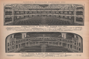 Schwarz-weiß-Illustration eines großen Berliner Auditoriums aus dem Jahr 1912, begleitet von Text, der das Layout beschreibt, auf altem Papier gedruckt.