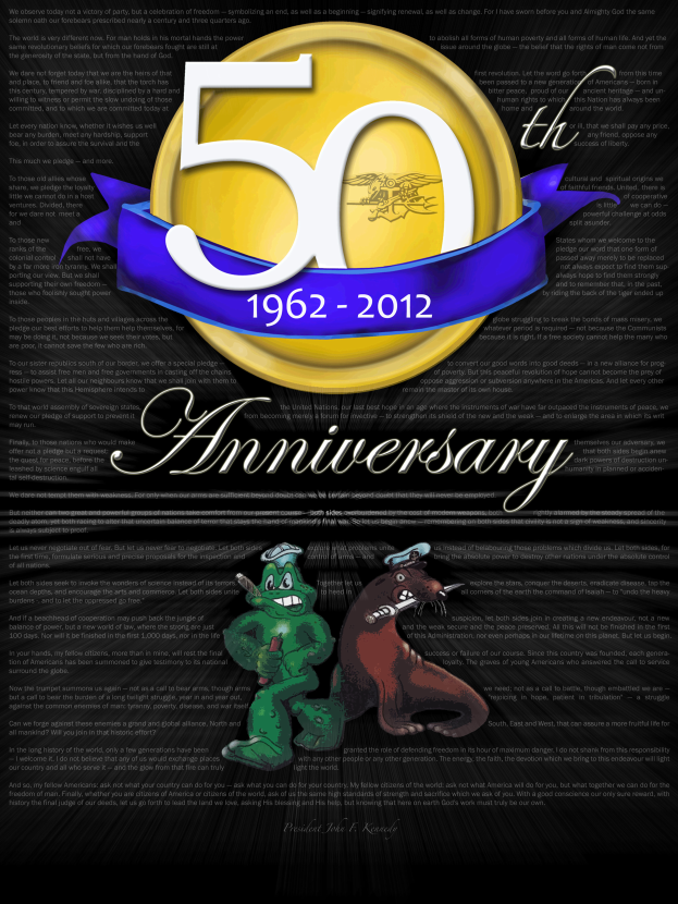 Ein 50. Geburtstagsposter mit schwarzem Hintergrund, das den Text '50. Geburtstag', ein Schild-Logo mit einem Stern und einem Lorbeerkranz sowie Cartoon-Bilder von einem Mann in einem Anzug und einer Frau in einem Kleid zeigt, die sich gegenseitig umarmen, alles in hellen und leuchtenden Farben.