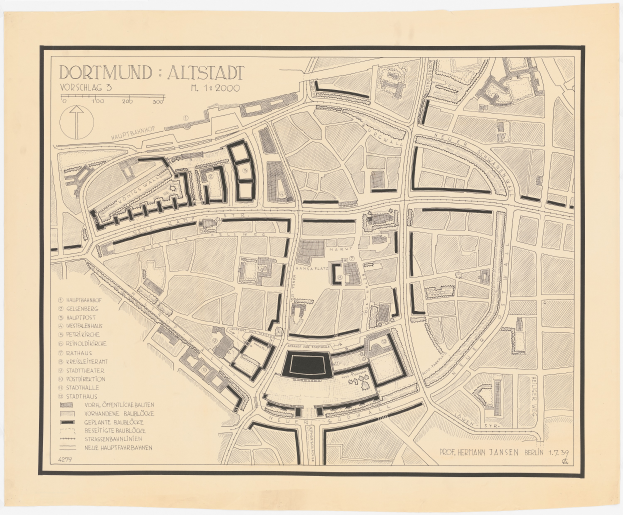 Ein detaillierter alter Stadtplan von Dortmund, Deutschland, auf einem weißen Hintergrund, der Straßen, Gebäude, Sehenswürdigkeiten und Text mit Informationen zur Stadt zeigt.