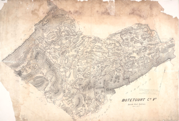 Ein detaillierter alter Stadtplan von Botetourt, der Straßen, Gebäude und andere Merkmale zeigt, mit Texten, die Informationen zur Bevölkerung, Straßen und Sehenswürdigkeiten liefern.