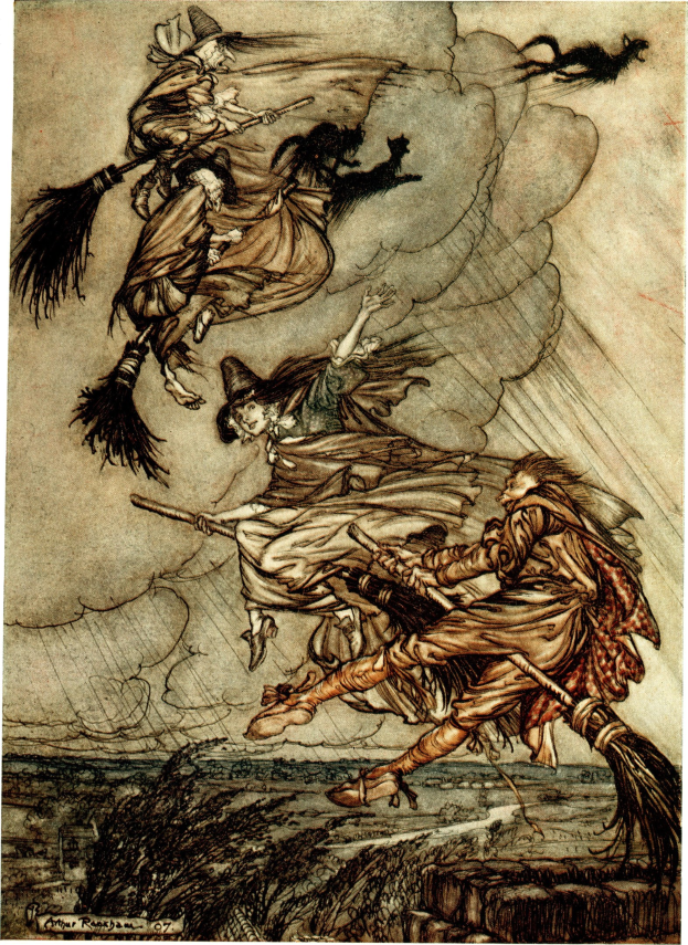 Gemälde von Arthur Rackham mit dem Titel "Die Hexen", das drei Hexen zeigt, die auf einem Besenstiel durch die Luft fliegen.