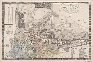 Ein detaillierter historischer Stadtplan von Weimar, Deutschland, der Straßen, Gebäude und Sehenswürdigkeiten mit begleitendem Text über die Bevölkerung und Merkmale der Stadt zeigt.