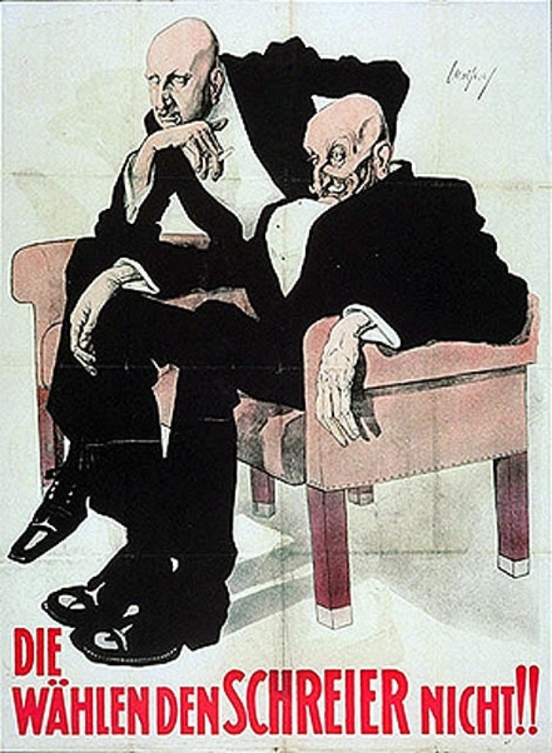 Ein deutsches Propagandaplakat der NSDAP mit zwei m├Ąnnlichen Personen auf einem Sofa und Textinformationen ├╝ber die Partei.