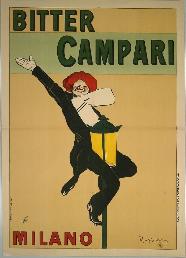 Ein Plakat an einer Wand mit einem Menschen in einem weißen Hemd und blauen Jeans mit einem verschmitzten Gesichtsausdruck, mit der Aufschrift "Bitter Campari Milano" in fetter schwarzer Schrift auf einem hellgelben Hintergrund.