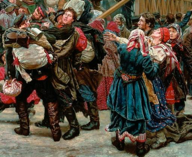 Gemälde von Menschen, die in traditioneller russischer Kleidung tanzen, während einer lebhaften Szene aus der russischen Revolution, wobei einige Gegenstände halten und ein hölzernes Haus im Hintergrund zu sehen ist.