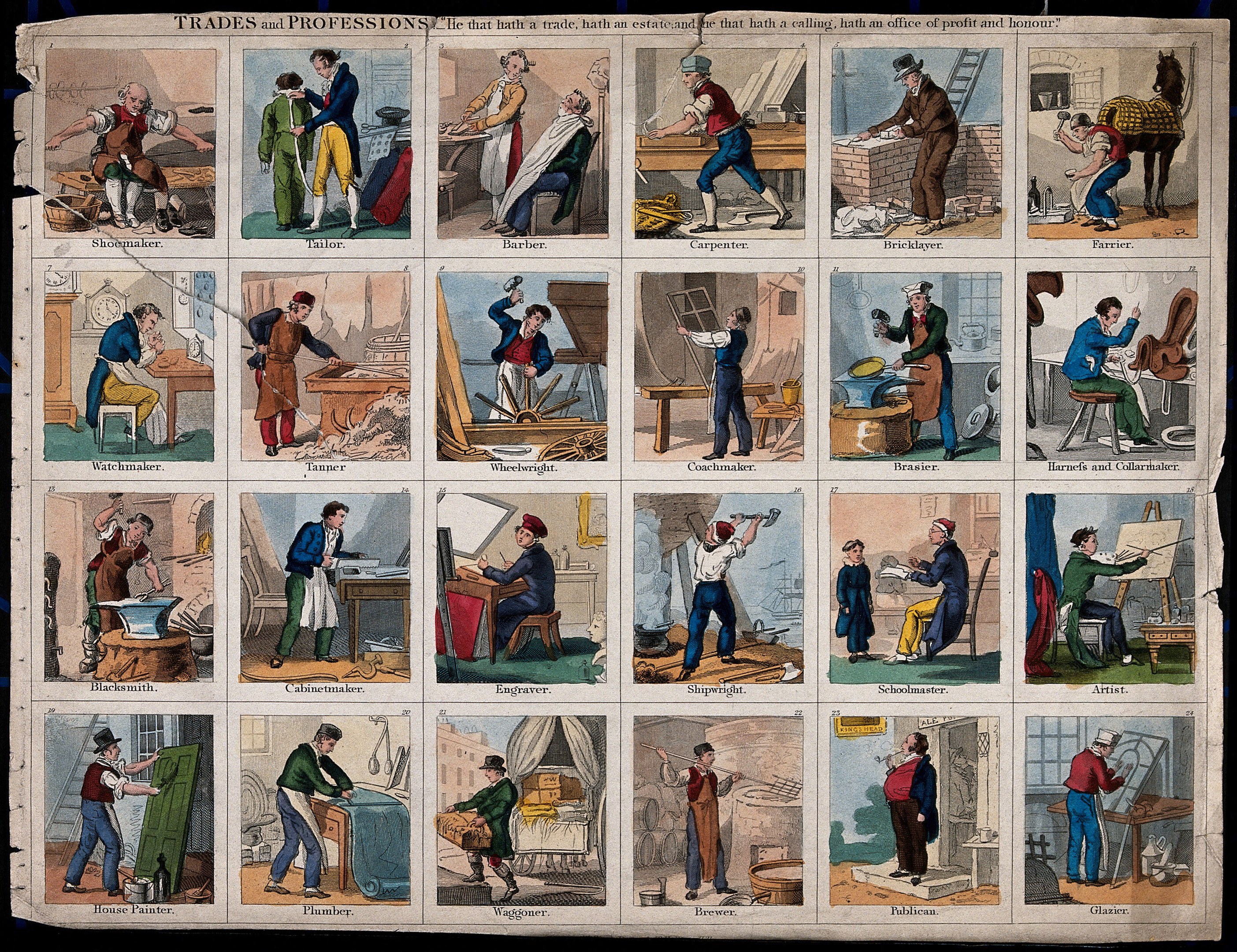 Collage von Menschen in verschiedenen Berufen und Handwerksbetrieben, einige halten Werkzeuge, auf schwarzem Hintergrund mit begleitendem Text.