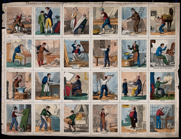 Collage von Menschen in verschiedenen Berufen und Handwerksbetrieben, einige halten Werkzeuge, auf schwarzem Hintergrund mit begleitendem Text.