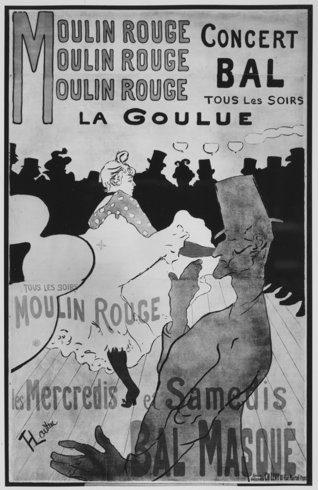 Ein Schwarz-Weiß-Plakat, das ein Moulin-Rouge-Konzert in Paris ankündigt und einen Mann und eine Frau tanzen zeigt.
