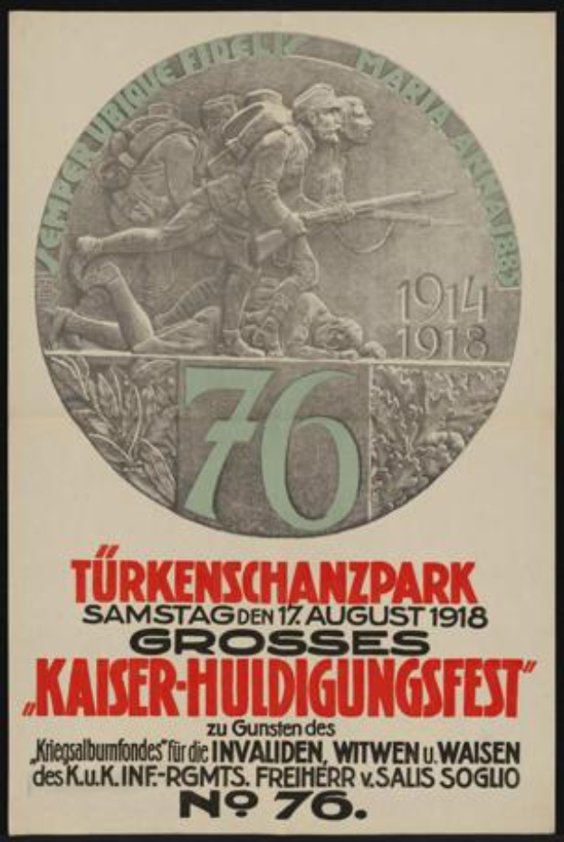 Ein gerahmtes Plakat zum 70-jährigen Jubiläum des Kaiser-Huldigungsfests in Berlin, Deutschland, das eine Gruppe von Menschen in der Mitte zeigt, umgeben von Text und Zahlen.