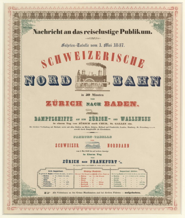 Plakat mit einem Zug, auf dem "Schweizerische Nordbahn in Baden, Germany" steht, auf einem hellgelben Hintergrund mit schwarzem und weißem Karomuster und einem dekorativen Rahmen.