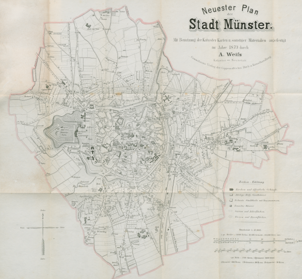 Ein detaillierter Stadtplan von Stadt Münster, Deutschland aus dem Jahr 1873 mit Text und umfassender Gebietsübersicht.