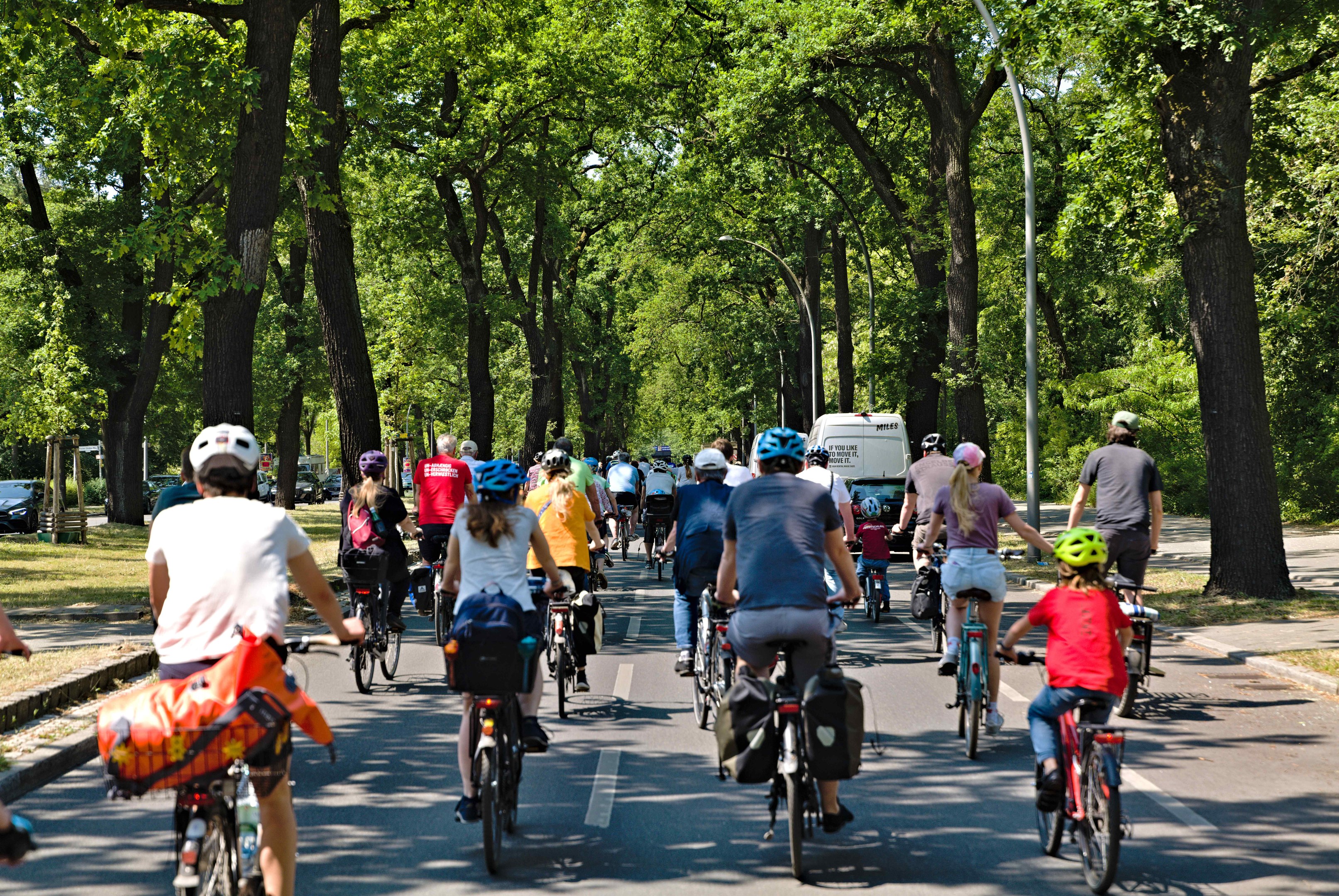 Eine Gruppe von Menschen mit Helmen, die Fahrräder auf einer von Bäumen gesäumten Straße fahren, mit Fahrzeugen und Gras.