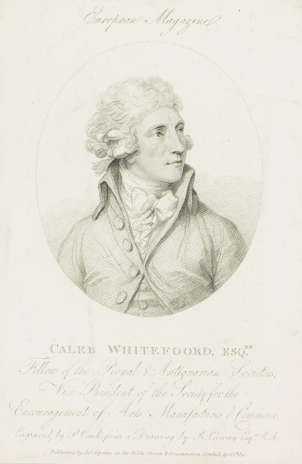 Porträt von Caleb Whiteford, Esq., Präsident der Society for the Encouragement of Arts, Manufacturers and Commerce, in einem Anzug mit ernster Miene, haltend ein Papier mit geschriebenem Inhalt.