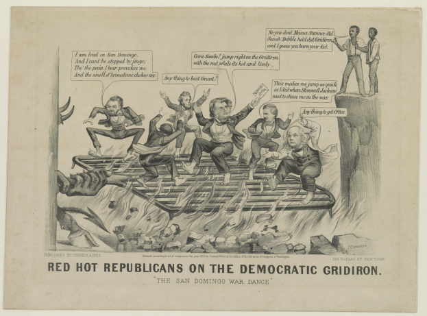 Politischer Cartoon, der rote Figuren in Not auf einem Gitterfeld zeigt mit fetter schwarzer Schrift.