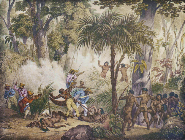 Ein Gemälde, das eine Gruppe von Menschen in einem Dschungel zeigt, einige halten Gewehre und andere liegen am Boden, mit Bäumen und Pflanzen im Hintergrund und dem Text "Die Schlacht im Amazonas" unten.