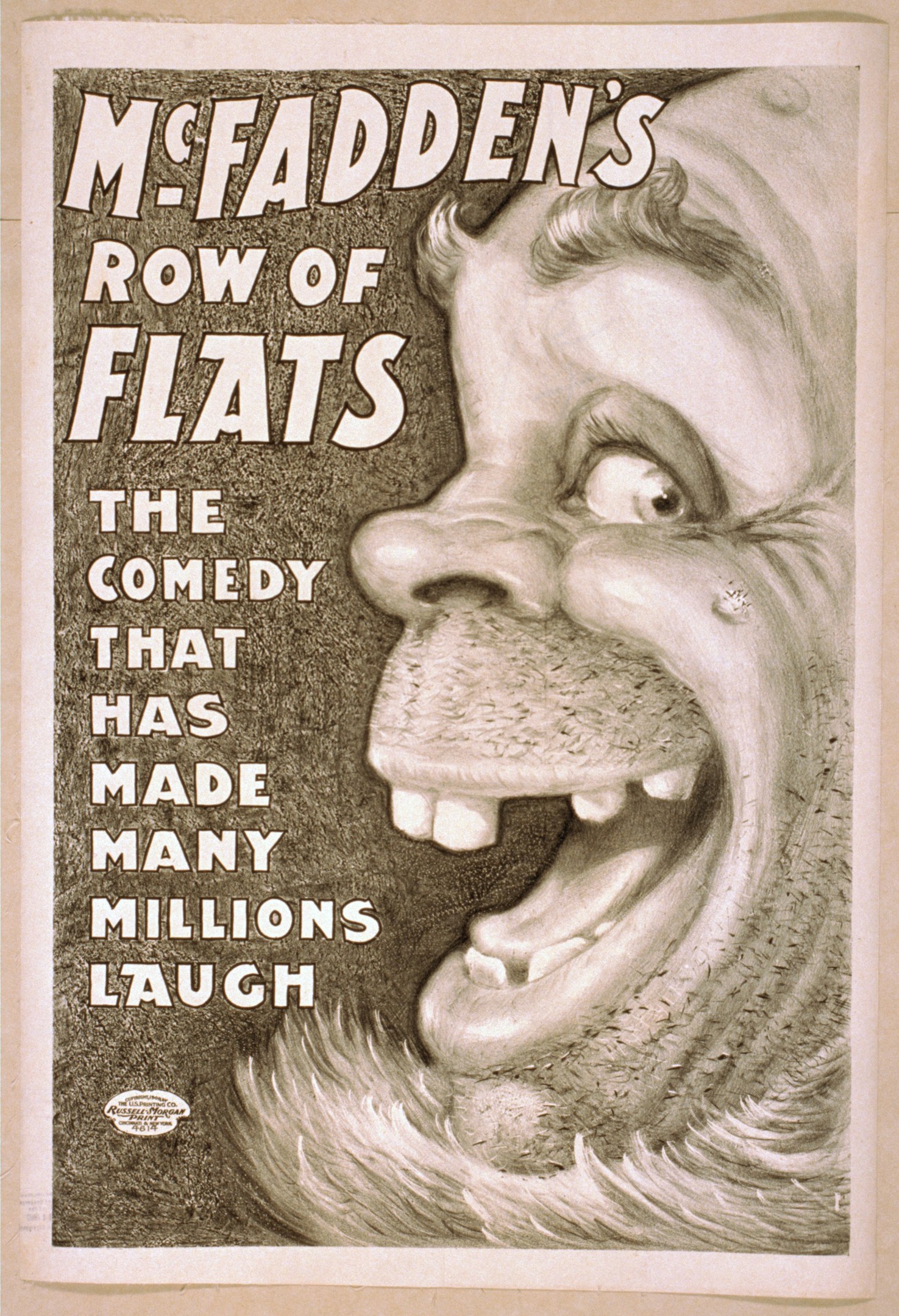 Plakat mit einem lachenden Menschen mit wilden Haaren vor einem gelben Hintergrund, das 'McFadden's Row of Flats: The Comedy That Has Made Many Millions Laugh' bewirbt.