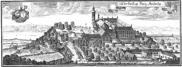 Eine Gravur einer Stadt mit einem zentralen Uhrenturm, umgeben von Gebäuden, Bäumen, Hügeln und einem bewölkten Himmel, mit der Aufschrift "Der Heilige Sorg Aundechs, Germany" oben.
