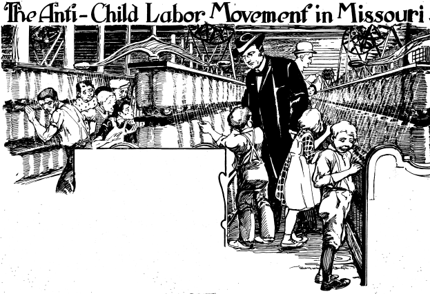 Ein Plakat, das die Anti-Kinderarbeit-Bewegung in Missouri zeigt, mit einer Gruppe von Menschen in traditioneller Kleidung, einige stehend und einige sitzend, mit Ausdrucken von Verzweiflung, Angst und Hoffnungslosigkeit, mit dem Text "Die Anti-Kinderarbeit-Bewegung in Missouri" oben und unten.