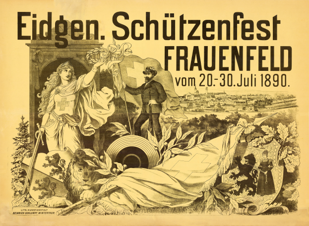 Ein altes Plakat bewirbt das Eidgenössische Schützenfest in Frauenfeld, Deutschland, mit einem Mann im Anzug und einer Frau in einem Kleid nebeneinanderstehend und Text mit Informationen zum Event.