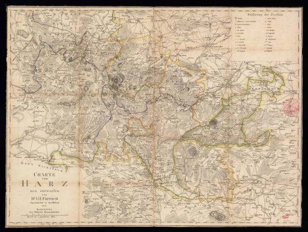 Alte detaillierte Karte des Harz, Deutschland, mit schwarzem Hintergrund, die Städte, Dörfer und die umliegende Landschaft zeigt.