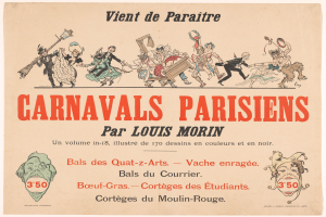 Ein Blatt mit der Überschrift "Carnivals Parisiens par Louis Morin" in fetter Schrift, das farbenfrohe, detailreiche Entwürfe von Menschen in bunten Faschingskostümen und Masken zeigt.