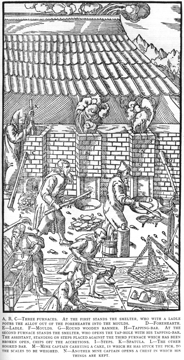 Eine Schwarz-Weiß-Zeichnung einer Gruppe von Menschen, die in einer Fabrik arbeiten, mit einem Haus im Hintergrund, mit Text unten, der lautet: "A.B.C. An den ersten drei Öfen steht der Schmelzer."