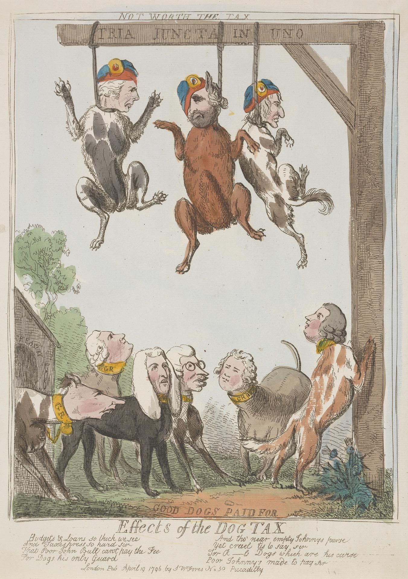 Ein Papierentwurf, der Menschen und Tiere, einschließlich eines Hundes, zeigt, der an einem hölzernen Pfahl hängt, mit begleitendem Text, der wahrscheinlich mit der Hundesteuer zu tun hat.