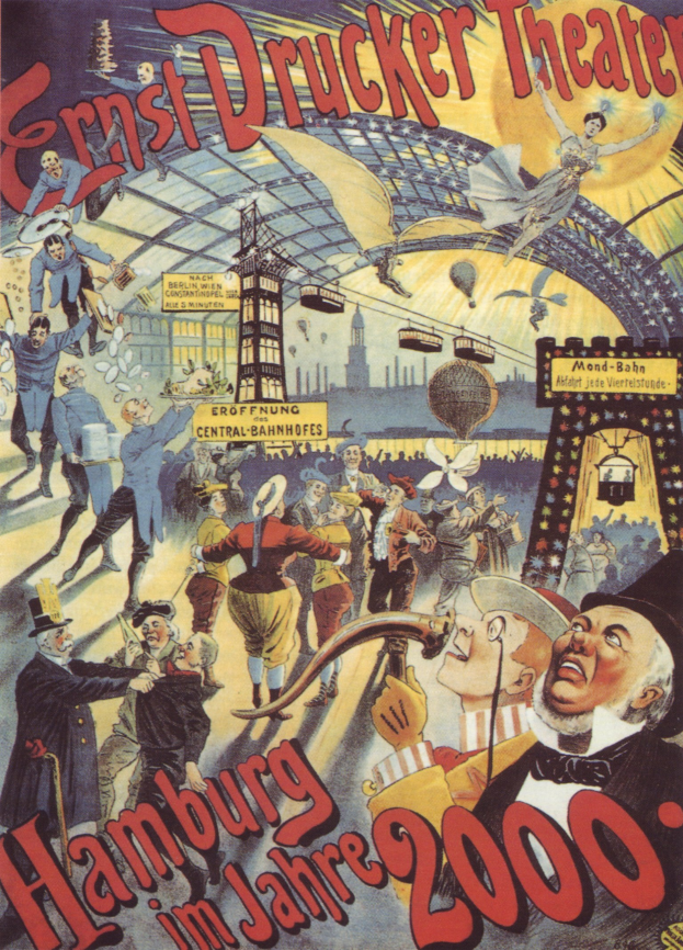 Plakat für das Ernst Drucker Theater in Hamburg, Deutschland, mit einer Gruppe von Menschen und dem Text 'Hamburg im Jahre 2000'.