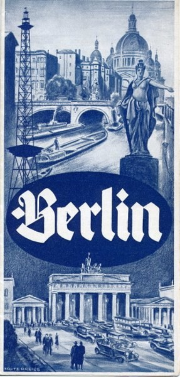 Plakat, das Berlin, Deutschland, bewirbt und eine Statue, Gebäude, einen Turm, Menschen, Fahrzeuge auf der Straße, eine Brücke und Text zeigt, der Informationen über die Stadt enthält.