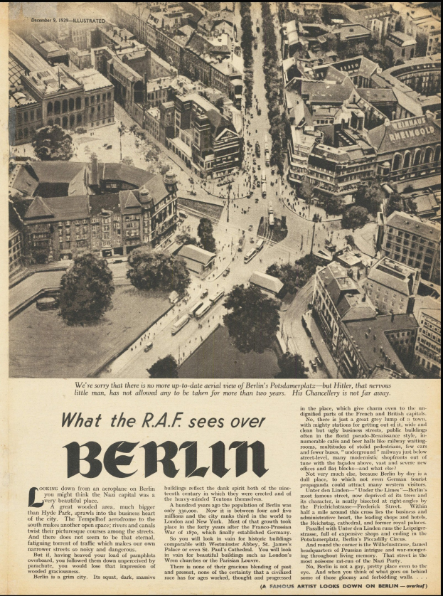Schwarze und weiße Zeitungsausschnitt, der eine Stadtlandschaft mit Gebäuden, Bäumen und Fahrzeugen zeigt, begleitet von Text.