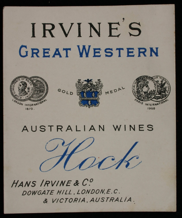 Plakat, das Irvine's Great Western Australian Wines Hock mit Firmenlogos und Text ankündigt, der die Weinsorten angibt.