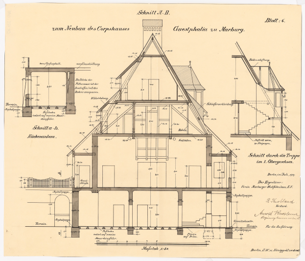 Ein detailliertes Hausentwurf mit zahlreichen Fenstern und einem Dach, begleitet von Architekturplänen und Text, der als erstes Haus in Deutschland gilt.