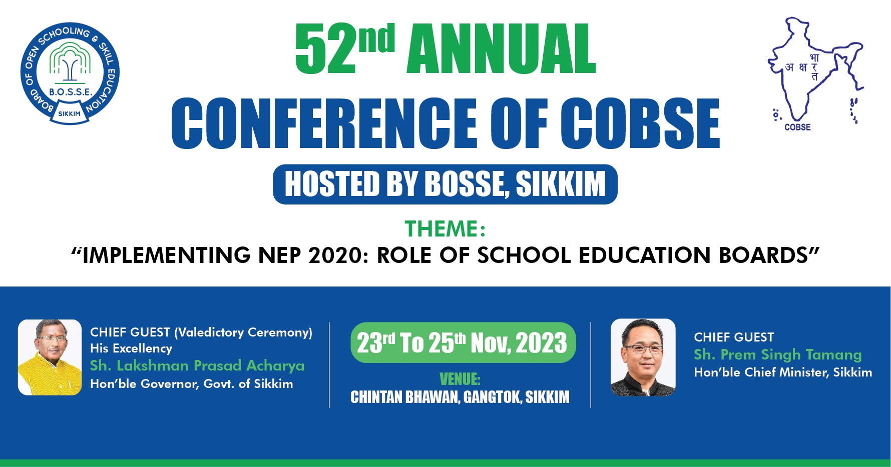 Werbung für die 52. Jahrestagung von Cobse, veranstaltet von Bosse Sikkim, mit zwei Personen und Veranstaltungseinzelheiten.
