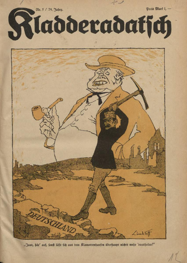 Ein altes Buchcover mit einer Karikatur eines besorgten Mannes, der einen Hammer und ein Rohr hält, und einer verzweifelten Frau, mit der Beschriftung "Rladeradatich", was "Tod in Deutschland" bedeutet.