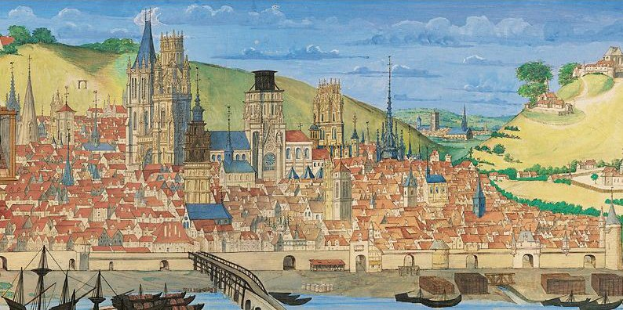 Gemälde von Köln, Deutschland, das eine Stadtlandschaft mit Booten, einer Brücke, Gebäuden, Bäumen, Hügeln und einem bewölkten Himmel zeigt.