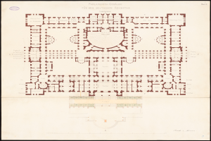 Ein detaillierter Grundrissplan des Reichstagsgebäudes in Berlin, Deutschland, der den kreisförmigen Aufbau, Räume, Gänge und andere Merkmale zeigt, mit begleitendem Text, der den Aufbau beschreibt.