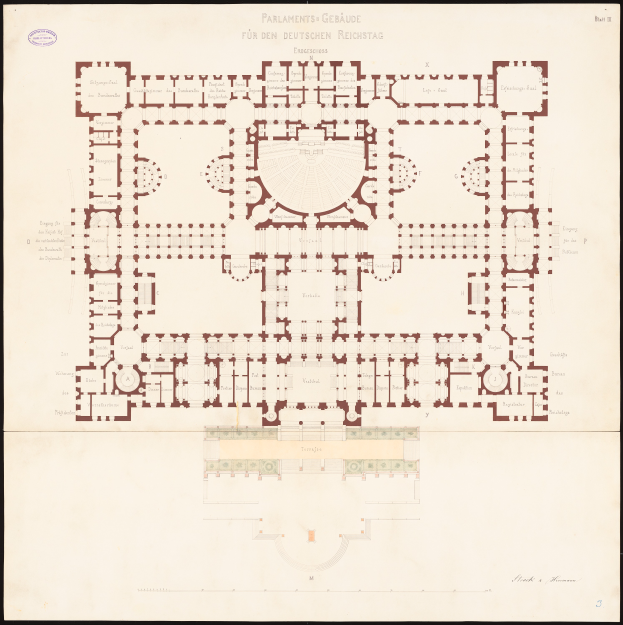 Ein detaillierter Grundrissplan des Reichstagsgebäudes in Berlin, Deutschland, der den kreisförmigen Aufbau, Räume, Gänge und andere Merkmale zeigt, mit begleitendem Text, der den Aufbau beschreibt.