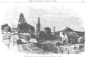 Eine Gravur einer Kohlegrube in London, England, mit der Bezeichnung "Ashley's Colliery, Derbyshire, der Ort des jüngsten tödlichen Explosions".