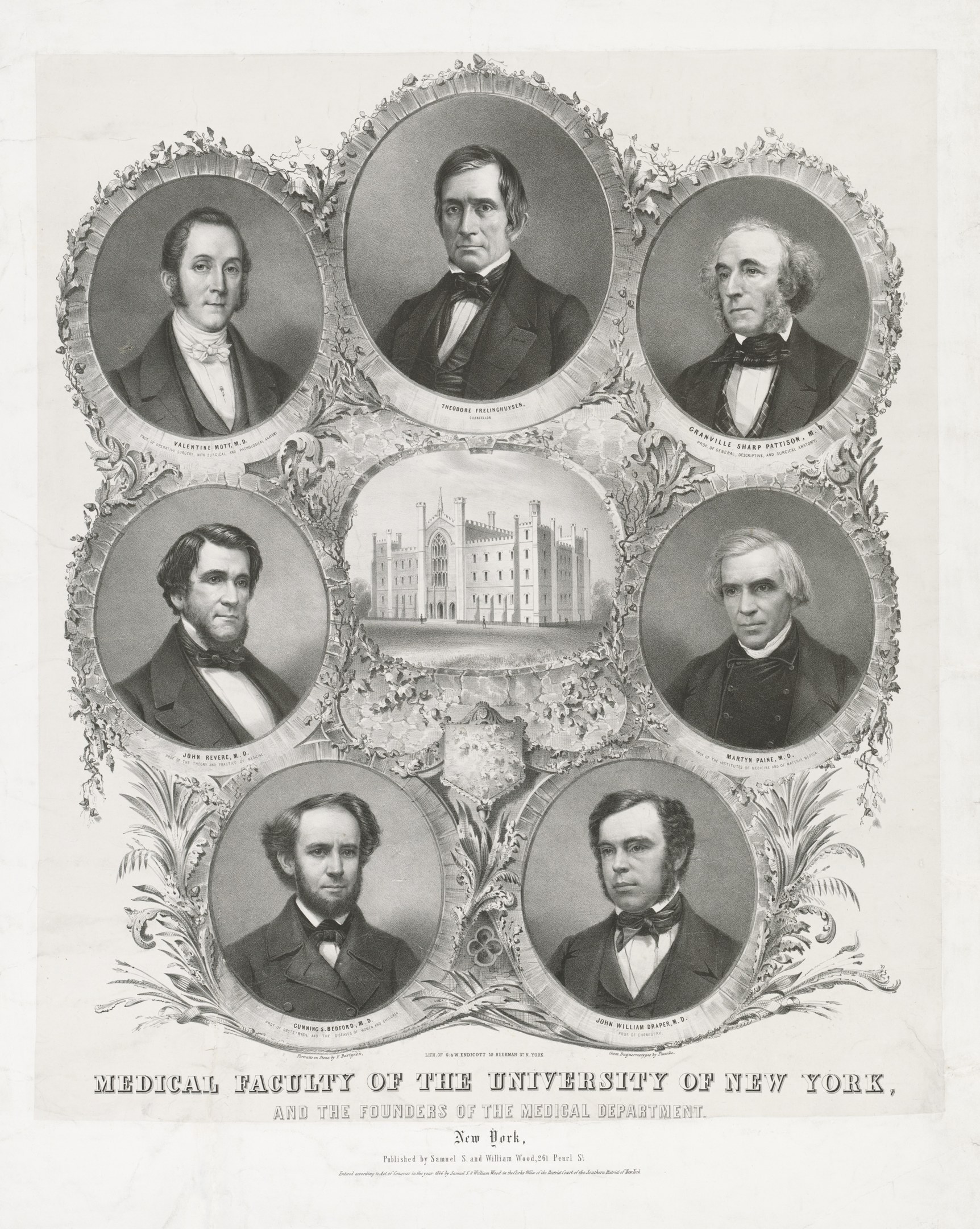 Schwarzes und weißes Foto von formell gekleideten Männern, die vor einem Gebäude posieren, mit Text unten, der besagt: "Medizinische Fakultät der Universität New York und die Gründer des medizinischen Departments."