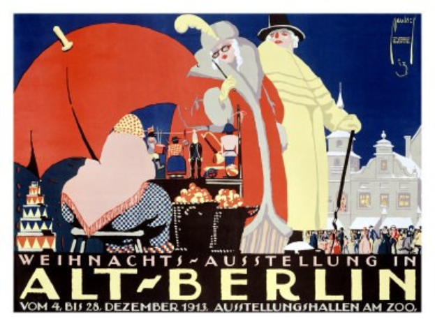 Plakat, das eine Weihnachtsausstellung in altem Berlin, Deutschland, ankündigt, mit einer bunten Illustration von Menschen, Gebäuden und Gegenständen und dem Text "Weihnachtsausstellung in Alt-Berlin" oben