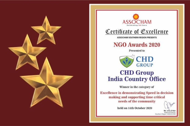 Auszeichnung für Chd Group India Country Office für den NGO Award 2020 mit einem Schild-Logo mit einem zentralen Stern und einem Lorbeerkranz.