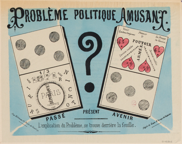 Ein Plakat mit einem Fragezeichen und dem Text "Politisches Problem Amusant" neben zwei Karten mit Text und Zahlen.